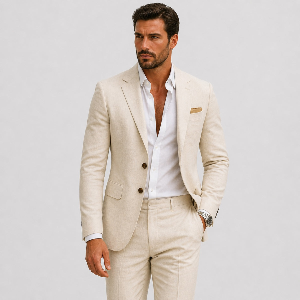 Slim fit herenpak in linnenlook met colbert en pantalon - beige
