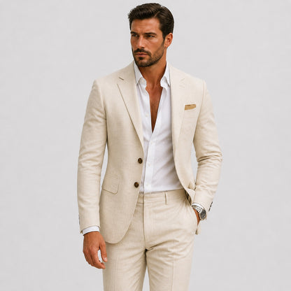 Slim fit herenpak in linnenlook met colbert en pantalon - beige