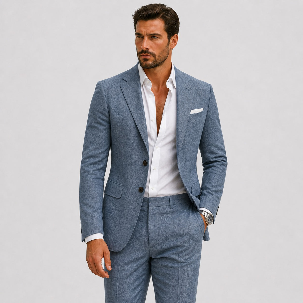 Slim fit herenpak in linnenlook met colbert en pantalon - grijsblauw