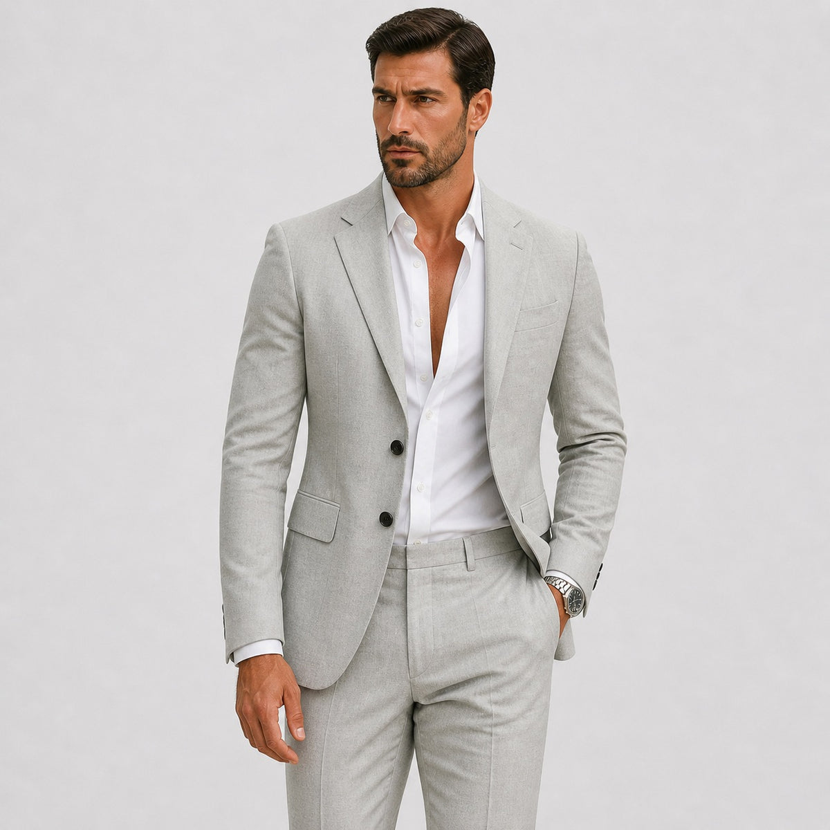 Slim fit herenpak in linnenlook met colbert en pantalon - lichtgrijs