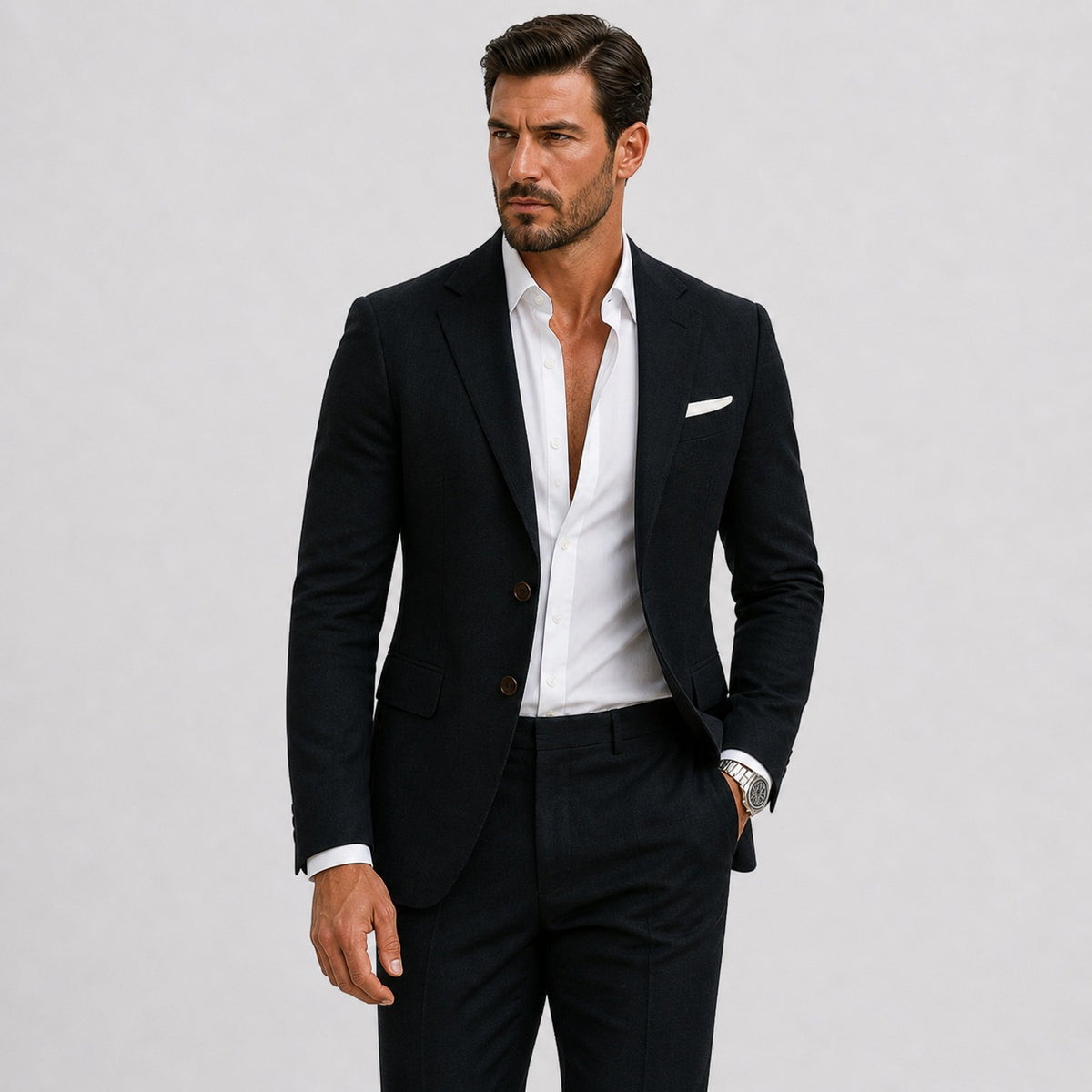 Slim fit herenpak in linnenlook met colbert en pantalon - zwart