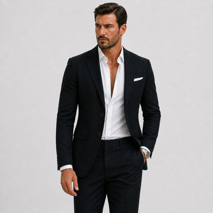 Slim fit herenpak in linnenlook met colbert en pantalon - zwart