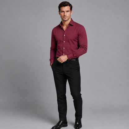 Slim fit stretch overhemd voor heren met witte knopen en klassieke kraag - bordeaux