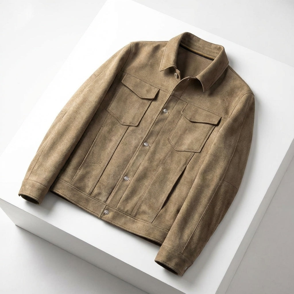 Slim fit truckerjack voor heren in suède look met puntkraag en borstzakken - bruin