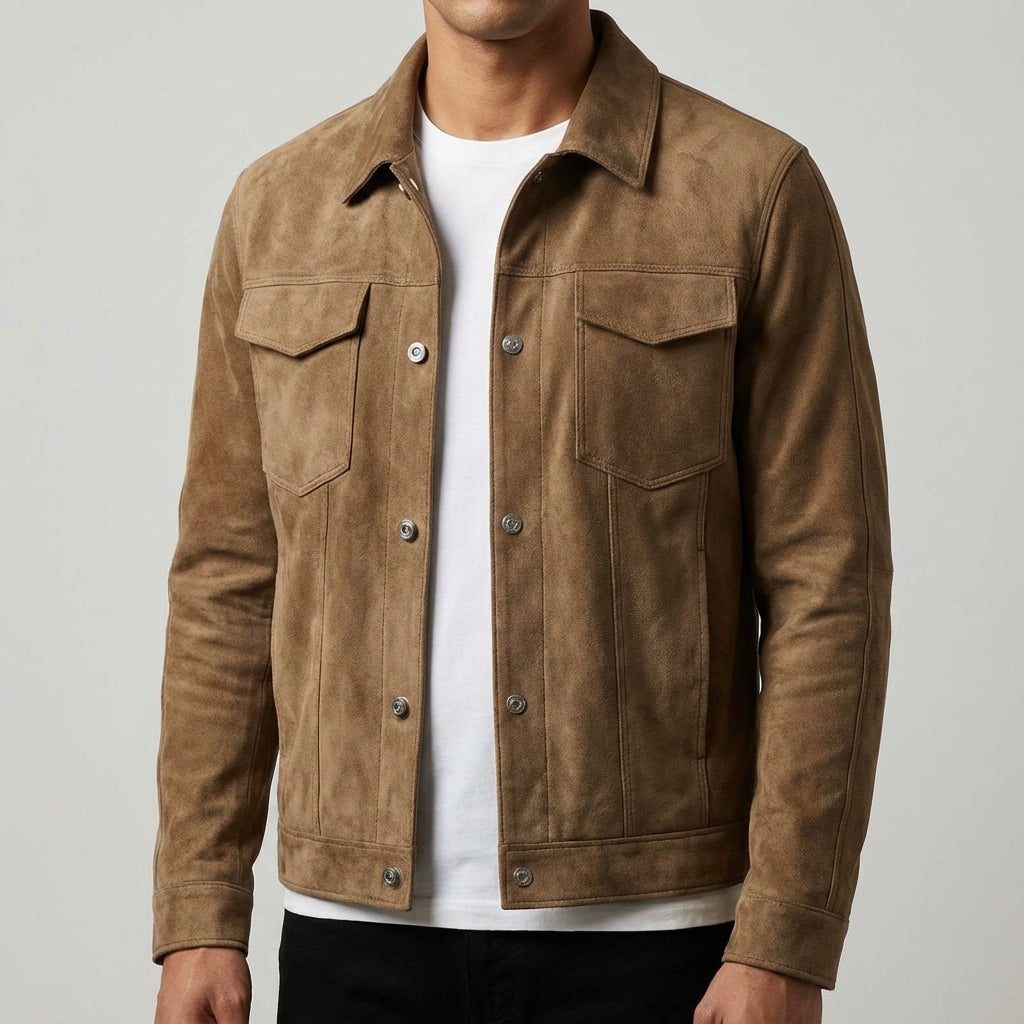Slim fit truckerjack voor heren in suède look met puntkraag en borstzakken - beeld 2