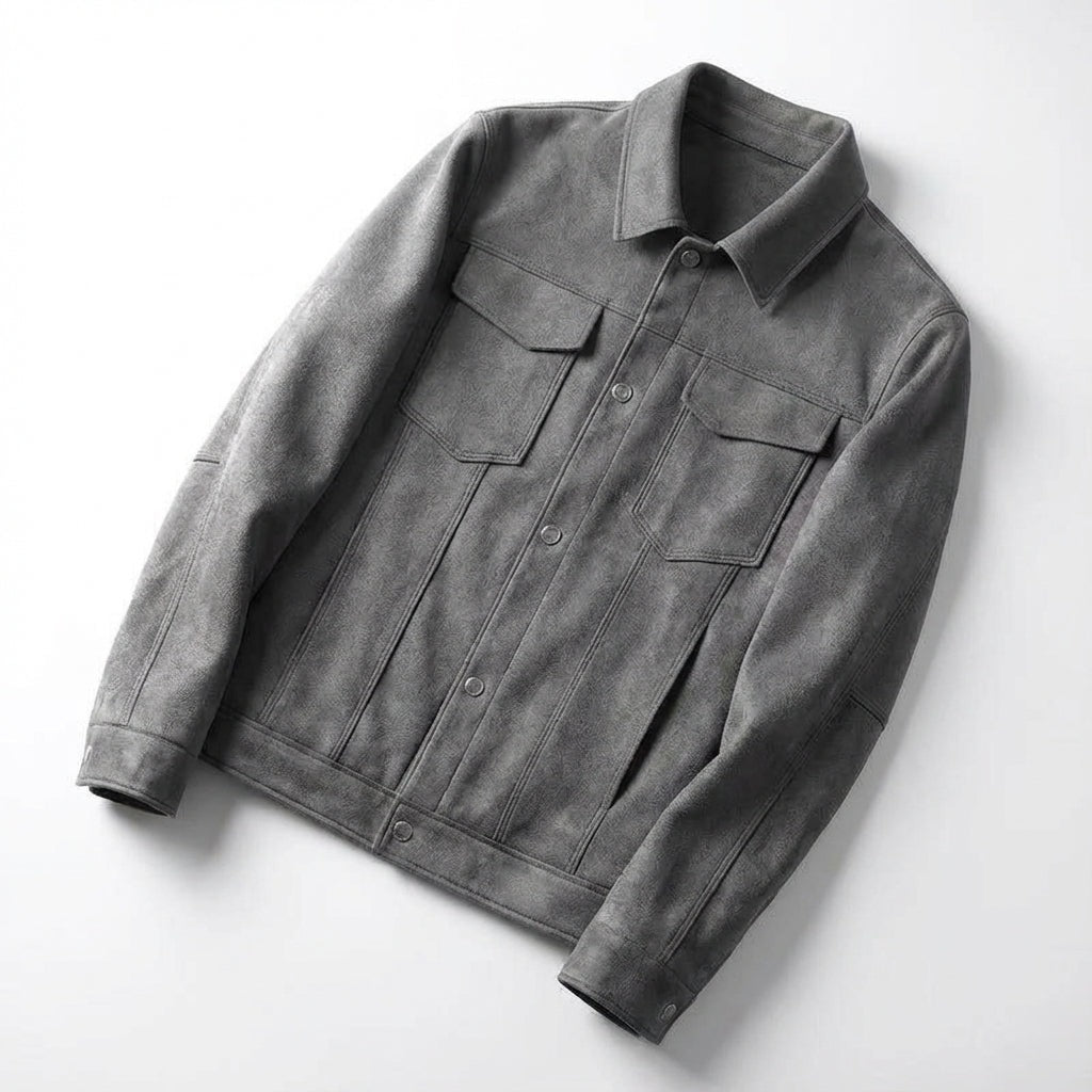 Slim fit truckerjack voor heren in suède look met puntkraag en borstzakken - grijs