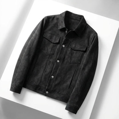 Slim fit truckerjack voor heren in suède look met puntkraag en borstzakken - zwart