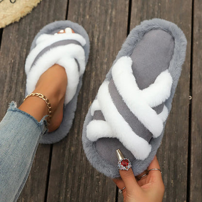 Slippers met gekruiste banden van imitatiebont en pluche rand - beeld 3