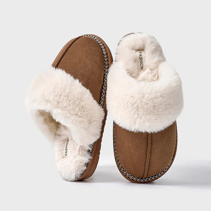 Slippers in suède look met grote pluche kraag, gevlochten rand en open hiel - bruin