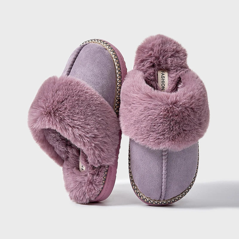 Slippers in suède look met grote pluche kraag, gevlochten rand en open hiel - beeld 2