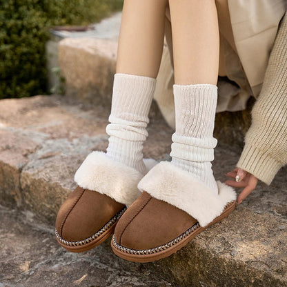 Slippers in suède look met grote pluche kraag, gevlochten rand en open hiel - beeld 5