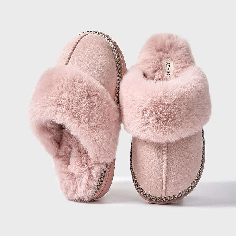 Slippers in suède look met grote pluche kraag, gevlochten rand en open hiel - roze