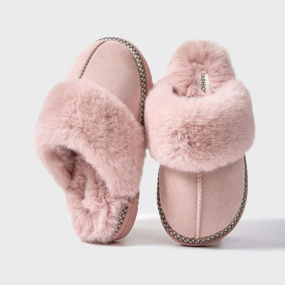 Slippers in suède look met grote pluche kraag, gevlochten rand en open hiel - roze