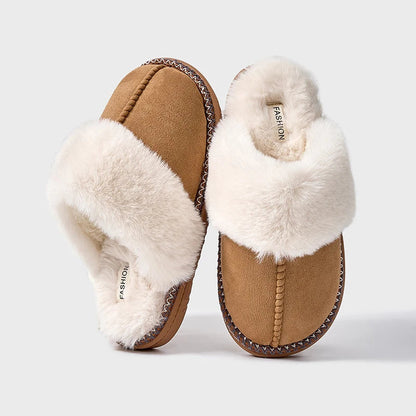 Slippers in suède look met grote pluche kraag, gevlochten rand en open hiel - camel