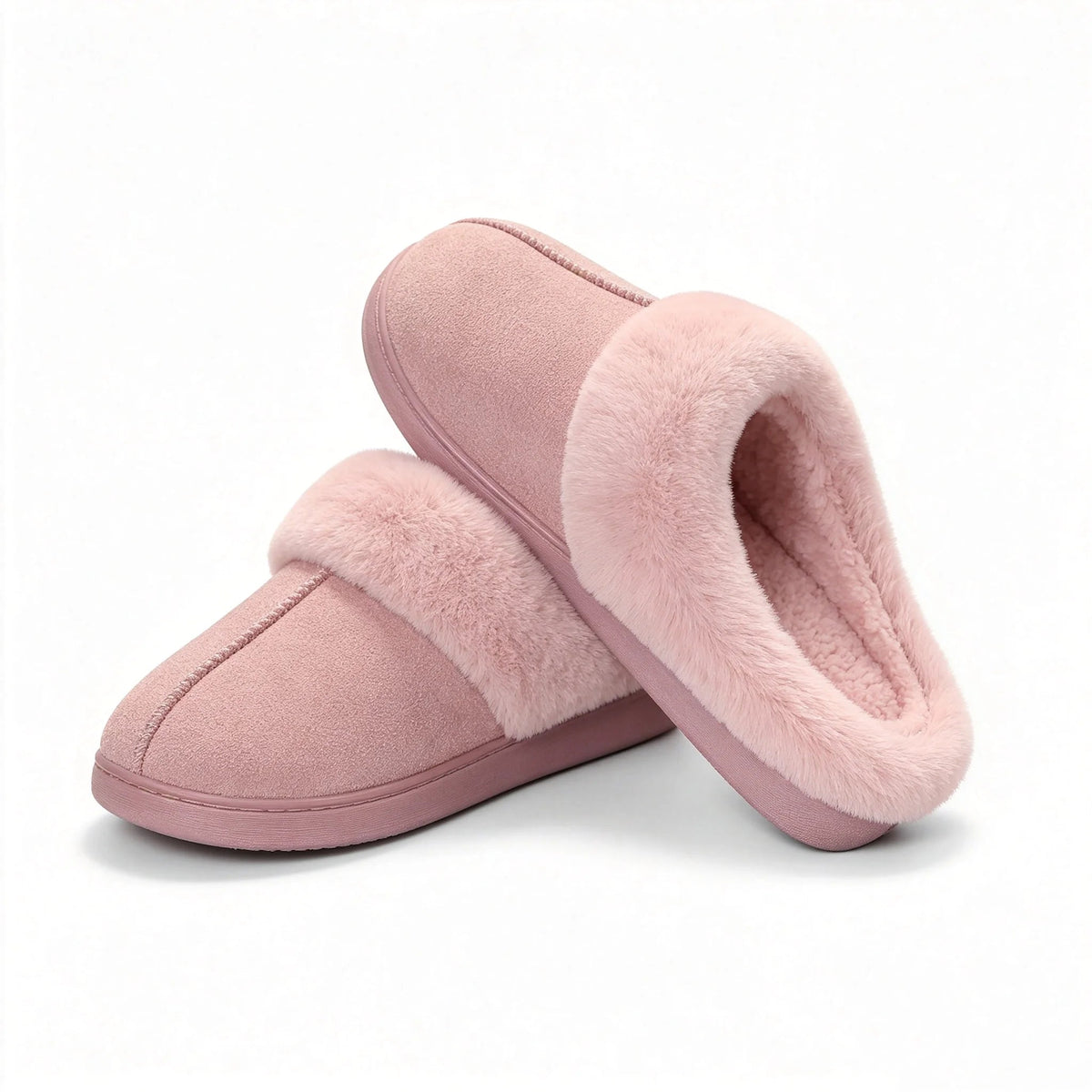 Slippers in suède look met dikke pluche kraag, teddy voering en open hiel