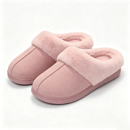 Slippers in suède look met dikke pluche kraag, teddy voering en open hiel - beeld 2
