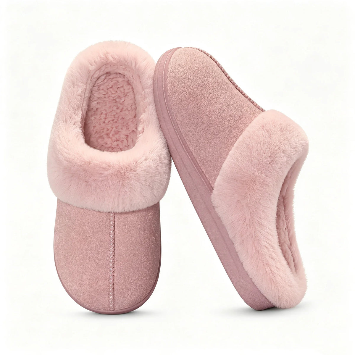 Slippers in suède look met dikke pluche kraag, teddy voering en open hiel - beeld 3