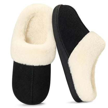 Slippers in suède look met dikke pluche kraag, teddy voering en open hiel - zwart