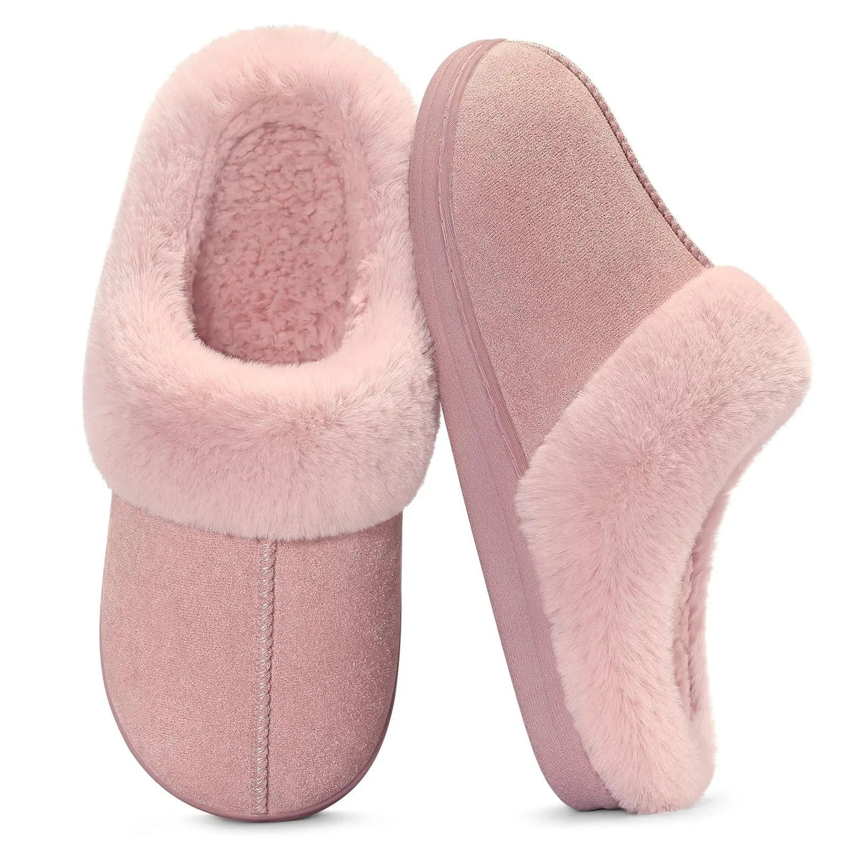 Slippers in suède look met dikke pluche kraag, teddy voering en open hiel - roze