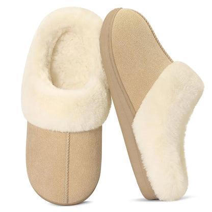 Slippers in suède look met dikke pluche kraag, teddy voering en open hiel - beige
