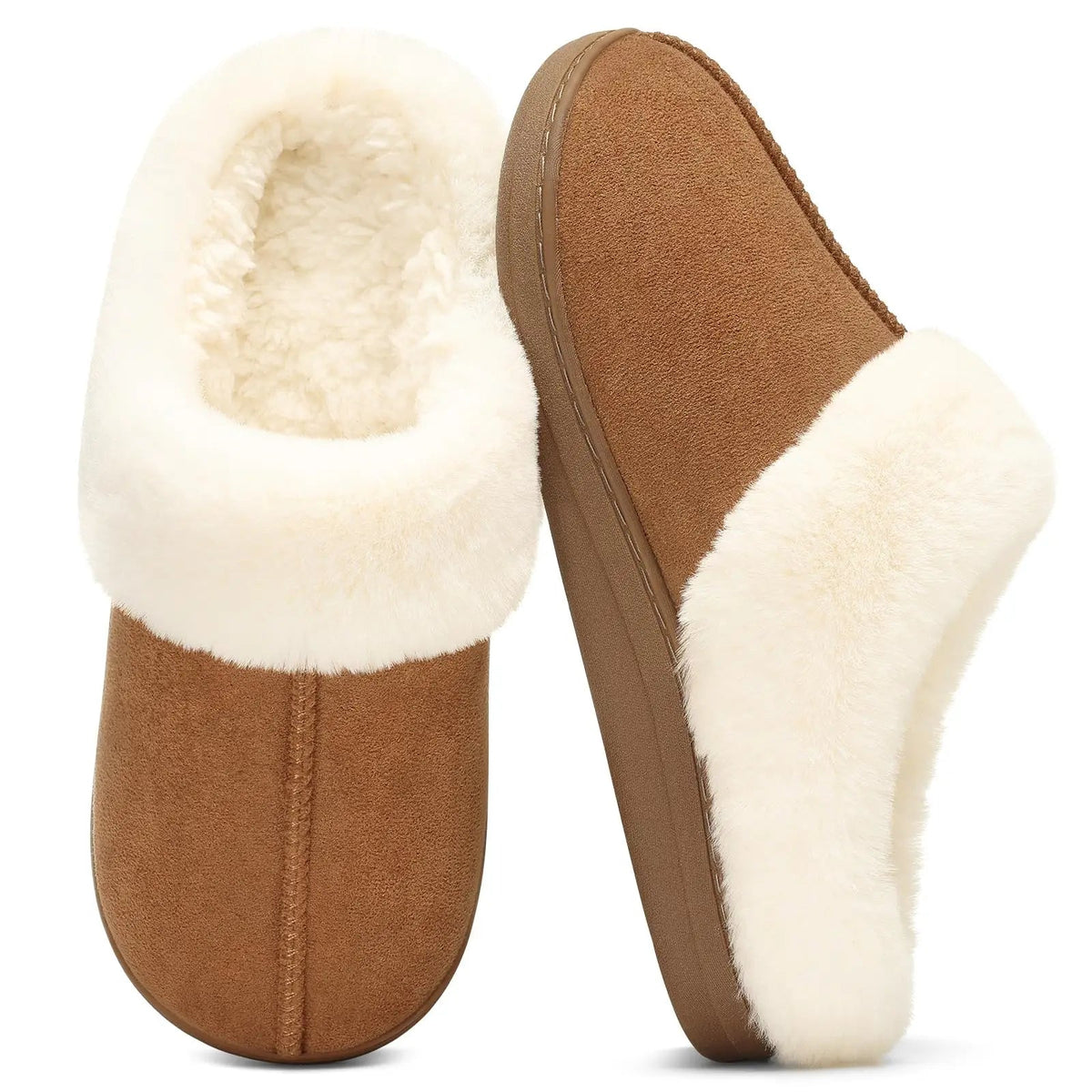 Slippers in suède look met dikke pluche kraag, teddy voering en open hiel - kastanjebruin