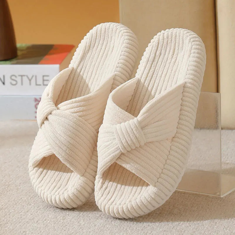 Slippers van ribstof met gekruiste banden en gedraaide knoop - crème