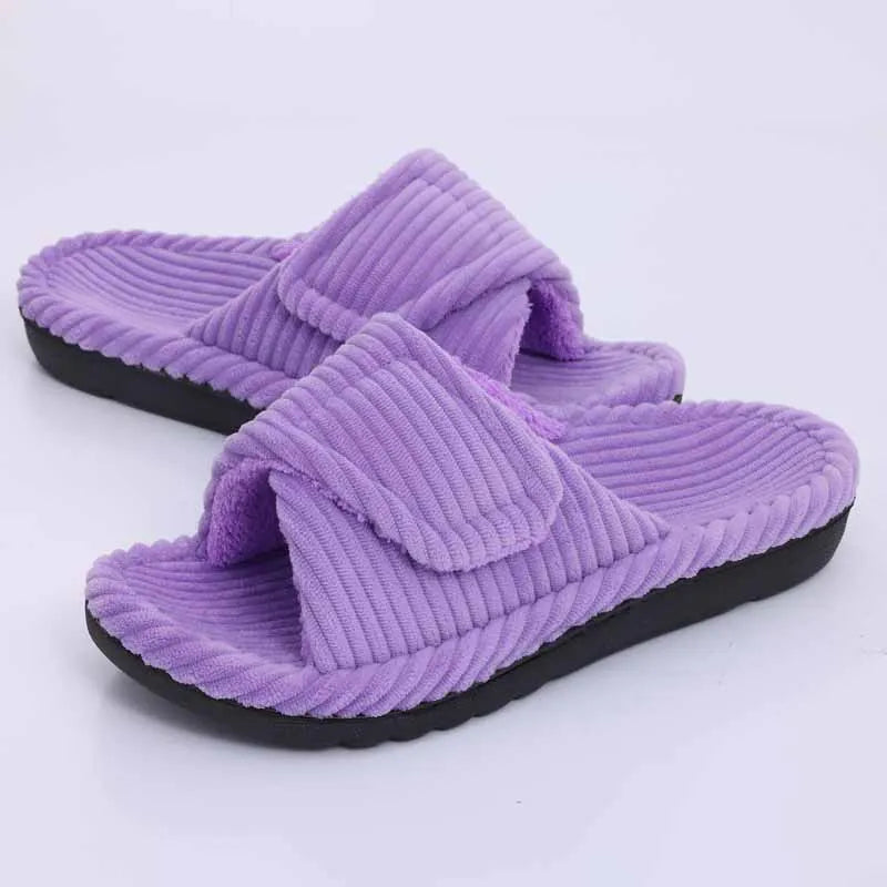 Slippers van ribstof met open teen en verstelbare band met klittenband - paars