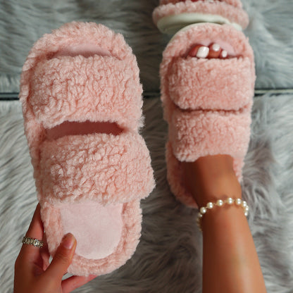 Slippers met twee brede teddy banden, voetbed met korte pluche en witte zool - roze