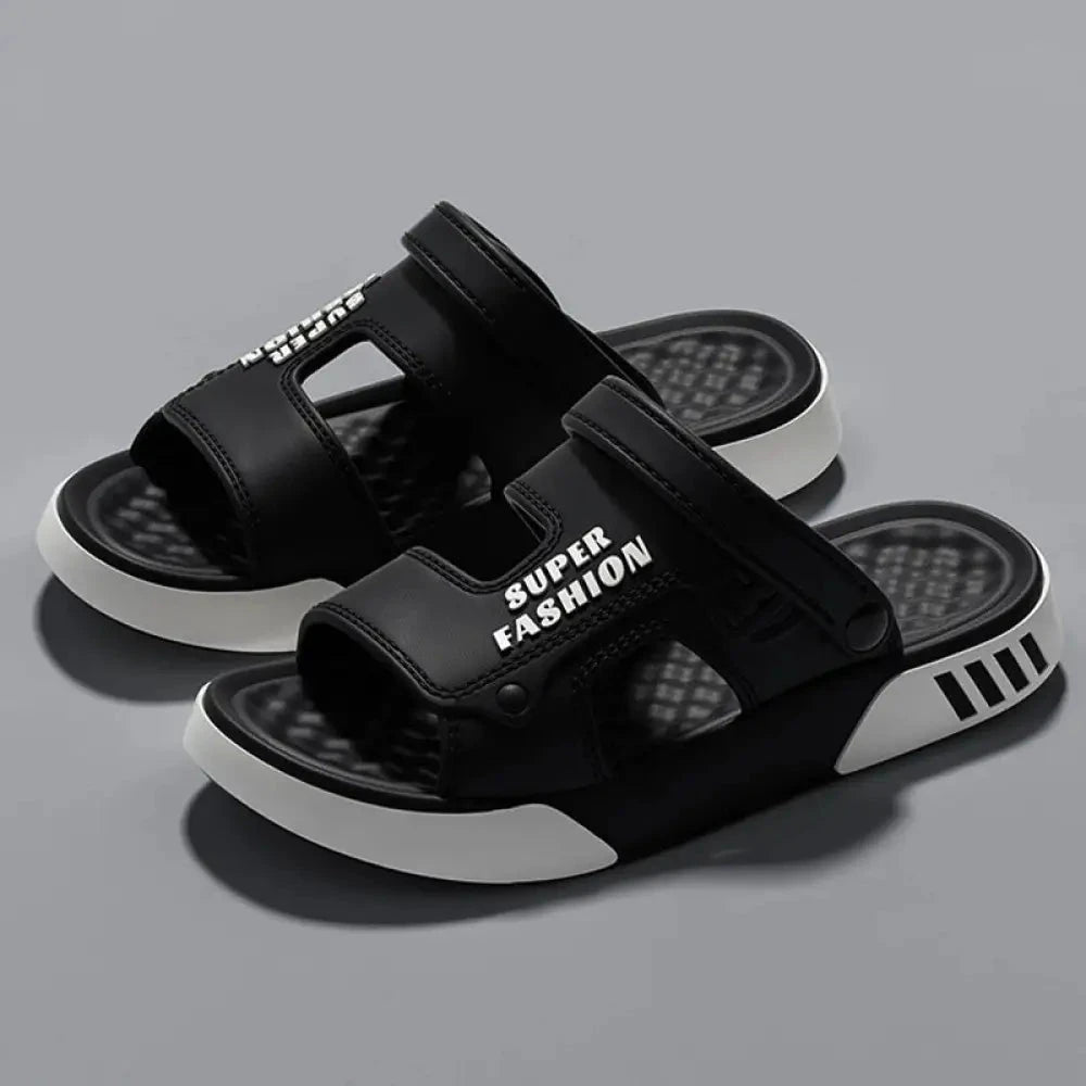Slippers van EVA met twee brede banden, draaibare hielband en tweekleurige zool - beeld 4