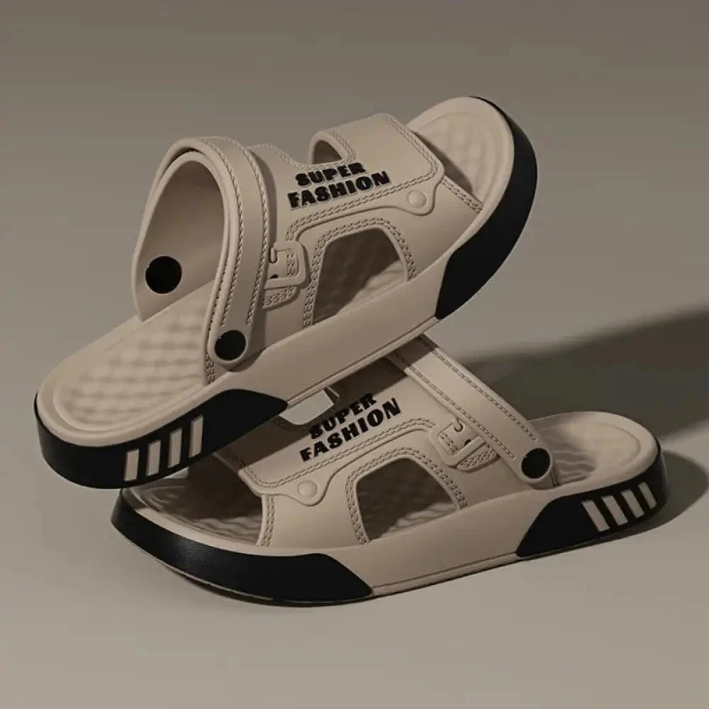 Slippers van EVA met twee brede banden, draaibare hielband en tweekleurige zool - beige