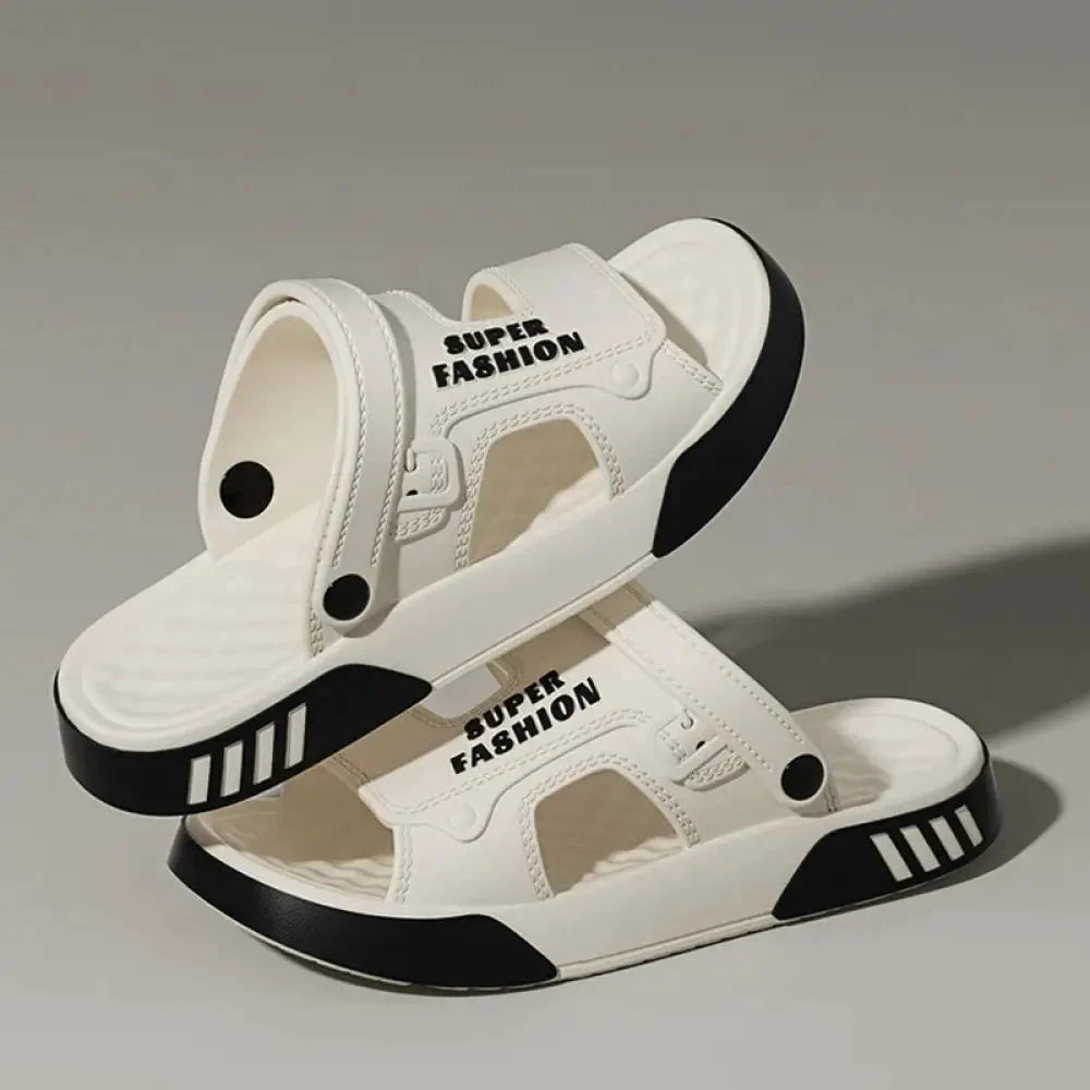 Slippers van EVA met twee brede banden, draaibare hielband en tweekleurige zool - wit