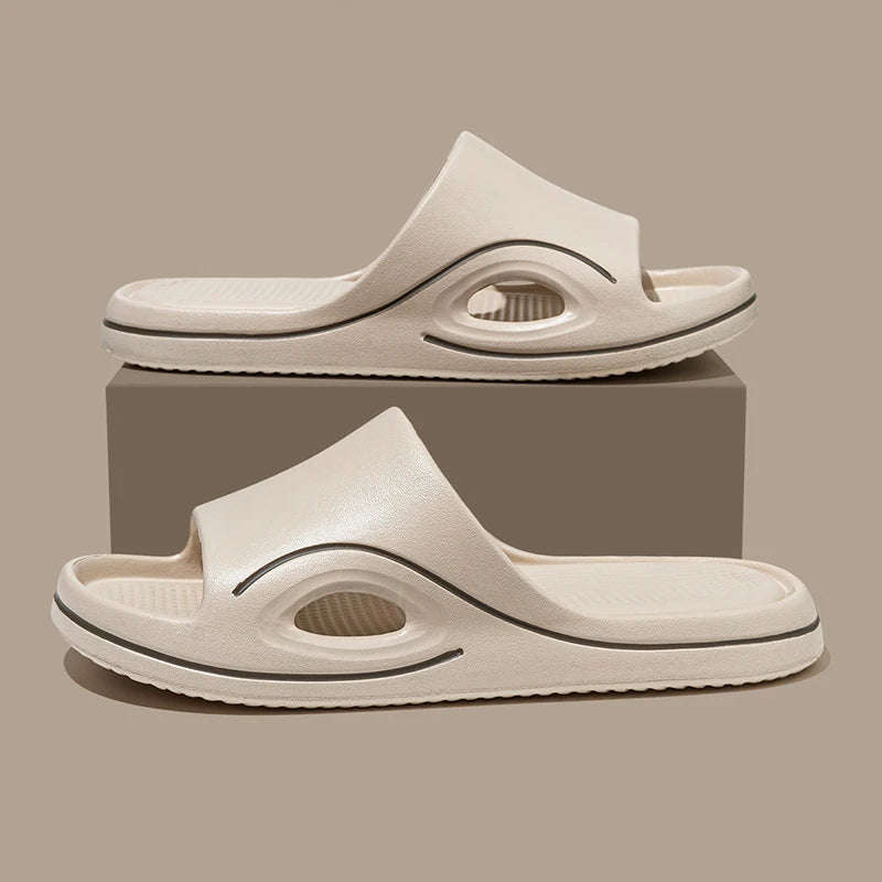 Slippers voor heren met dikke EVA-zool, uitsparing in de zijkant en contrastlijn - beige