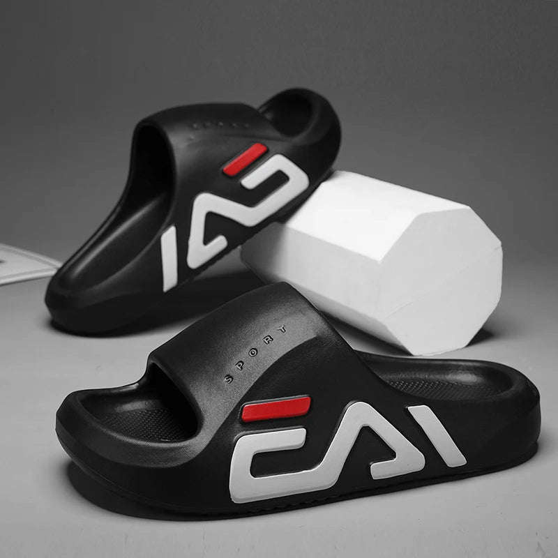 Slippers van EVA met extra dikke zool, brede band met opdruk en diep voetbed - beeld 2
