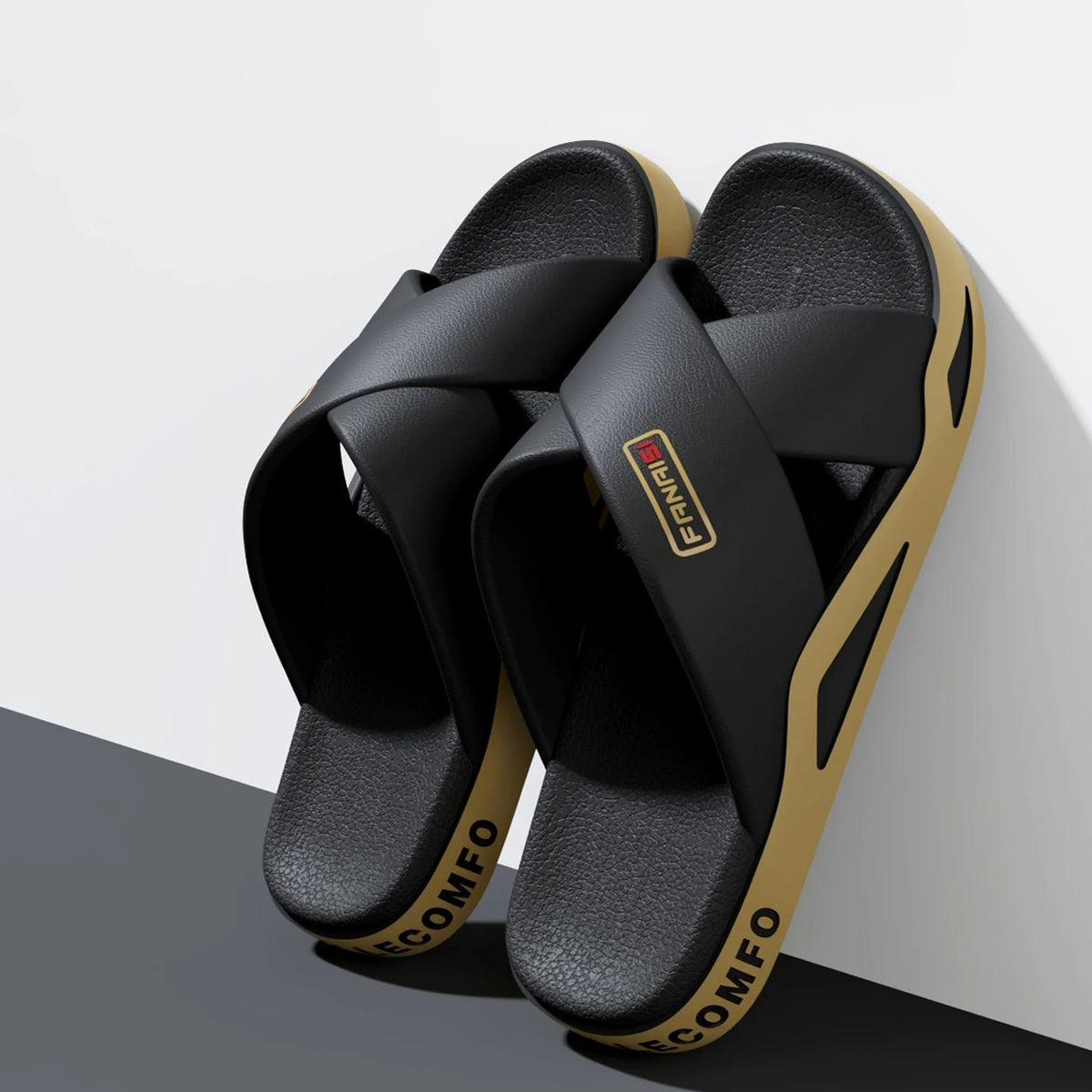 Slippers met gekruiste banden over de wreef, voetbed met structuur en dikke zool - zwart/camel