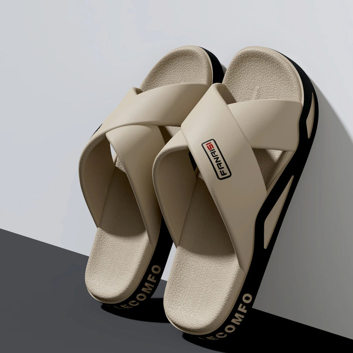 Slippers met gekruiste banden over de wreef, voetbed met structuur en dikke zool - beige/zwart