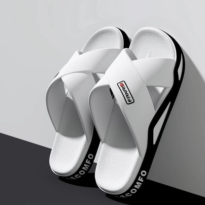 Slippers met gekruiste banden over de wreef, voetbed met structuur en dikke zool - wit/zwart