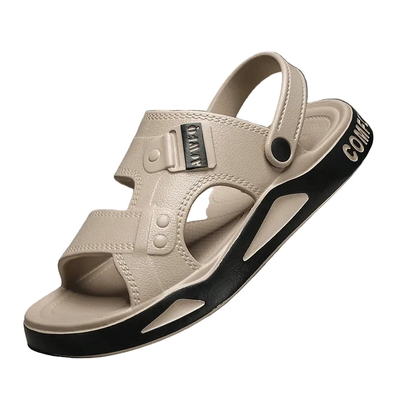 Slippers voor heren van EVA met twee banden over de voet, hielband en dikke tweekleurige zool - khaki