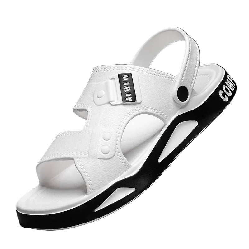 Slippers voor heren van EVA met twee banden over de voet, hielband en dikke tweekleurige zool - wit