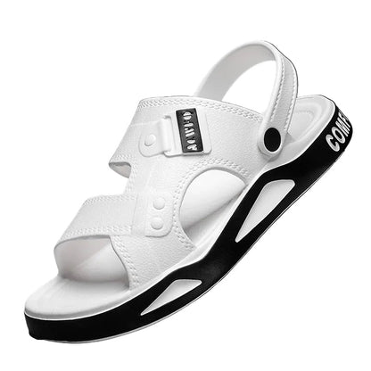 Slippers voor heren van EVA met twee banden over de voet, hielband en dikke tweekleurige zool - wit