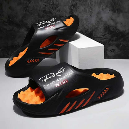 Slippers voor heren van EVA met noppenvoetbed in contrastkleur en uitsparingen in de zijkant - zwart/oranje