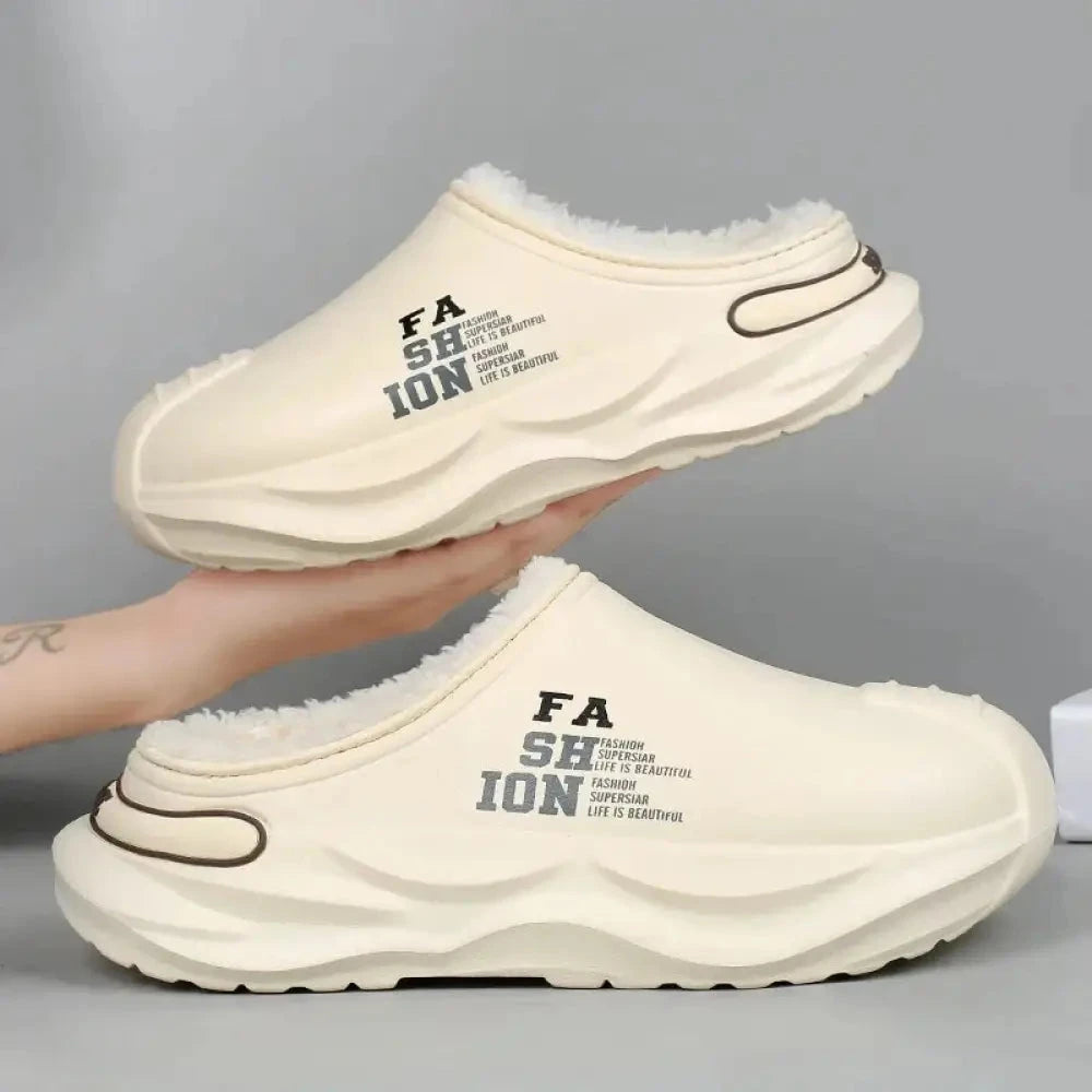 Slippers voor heren met open hiel, pluche voering, steunzool en dikke zool met profiel - beige