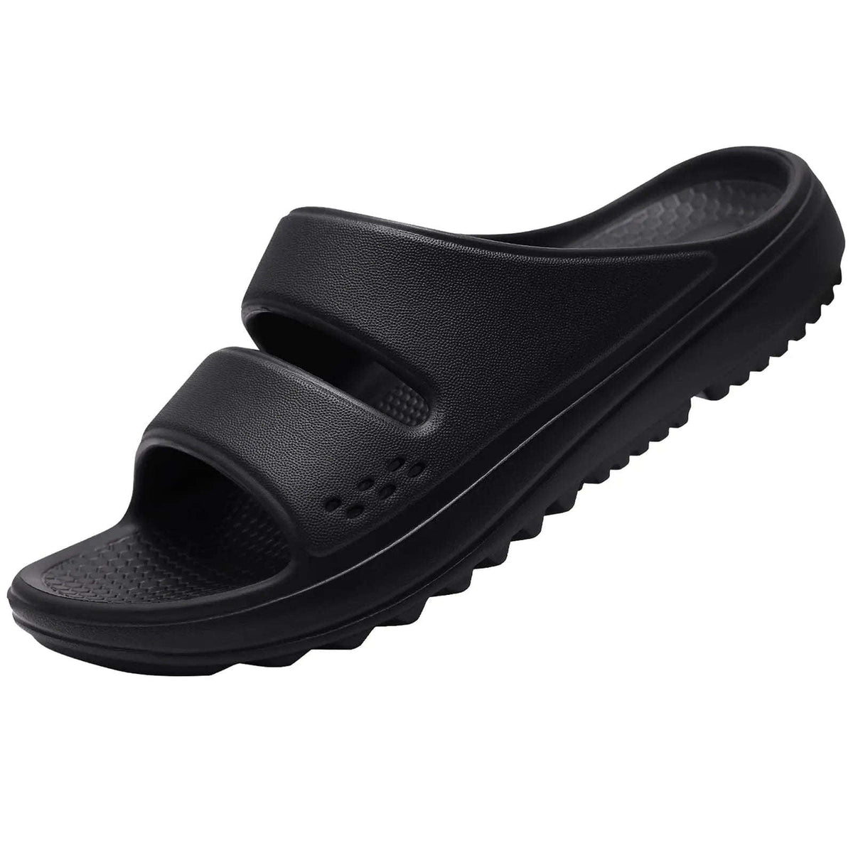 Slippers met steunzool, twee brede banden en dikke zool met profiel - zwart