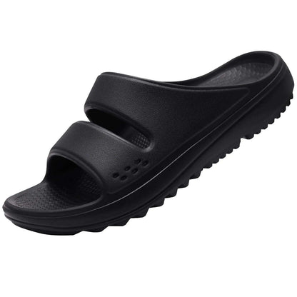 Slippers met steunzool, twee brede banden en dikke zool met profiel - zwart