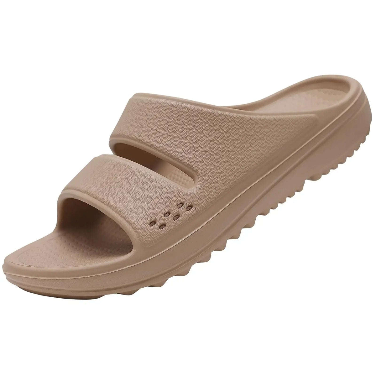 Slippers met steunzool, twee brede banden en dikke zool met profiel - khaki