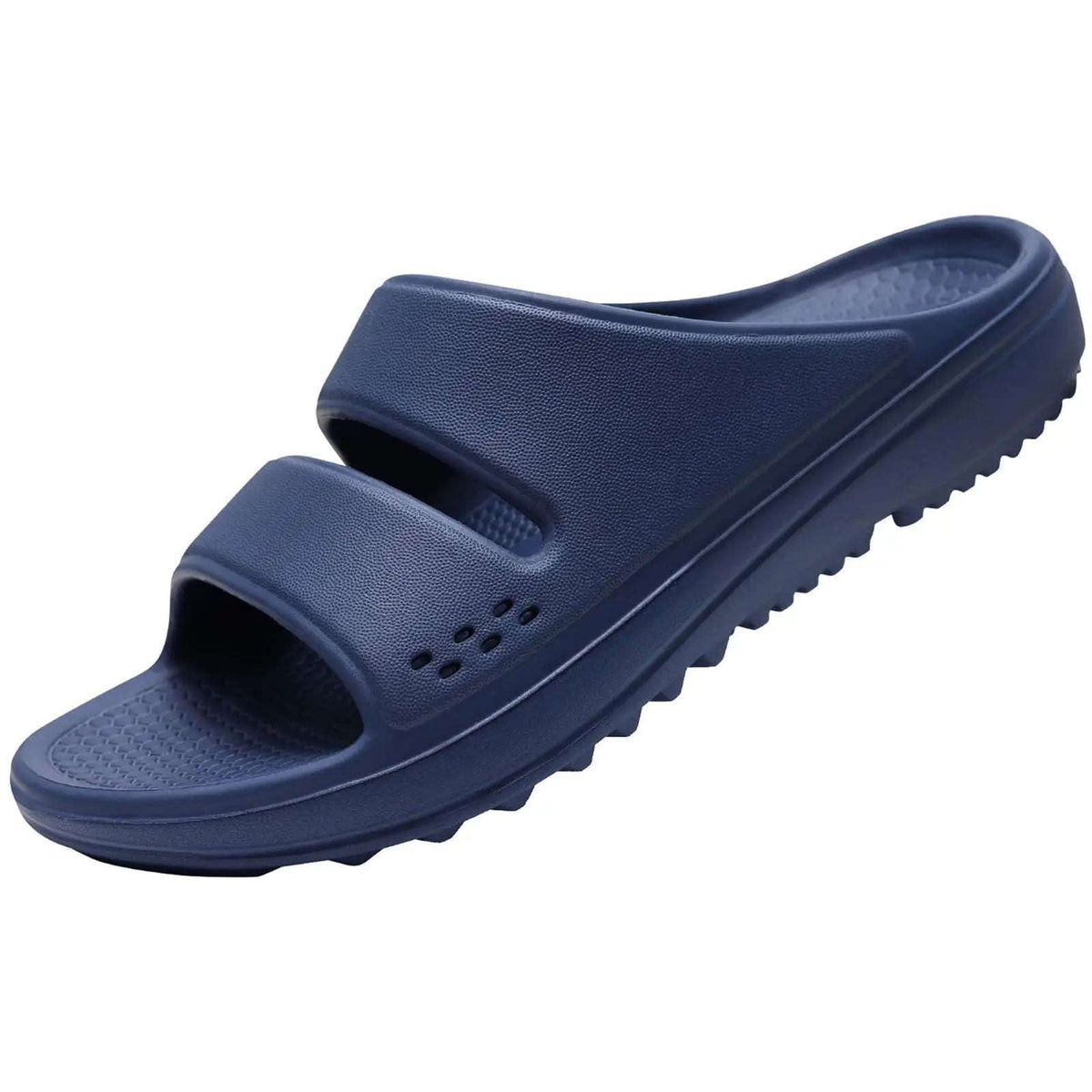 Slippers met steunzool, twee brede banden en dikke zool met profiel - marineblauw