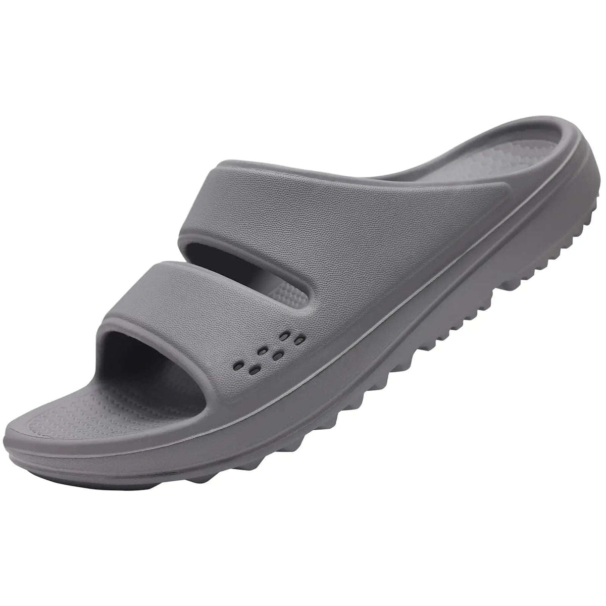 Slippers met steunzool, twee brede banden en dikke zool met profiel - grijs