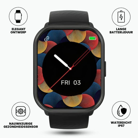 Smartwatch met vierkant scherm en de vier hoofdfuncties