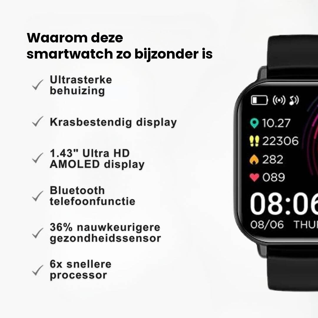 Overzicht van de functies van de smartwatch met vierkant scherm