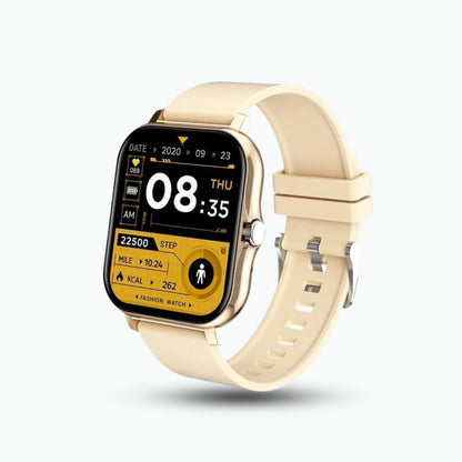 Smartwatch met groot vierkant scherm in goud met crème band