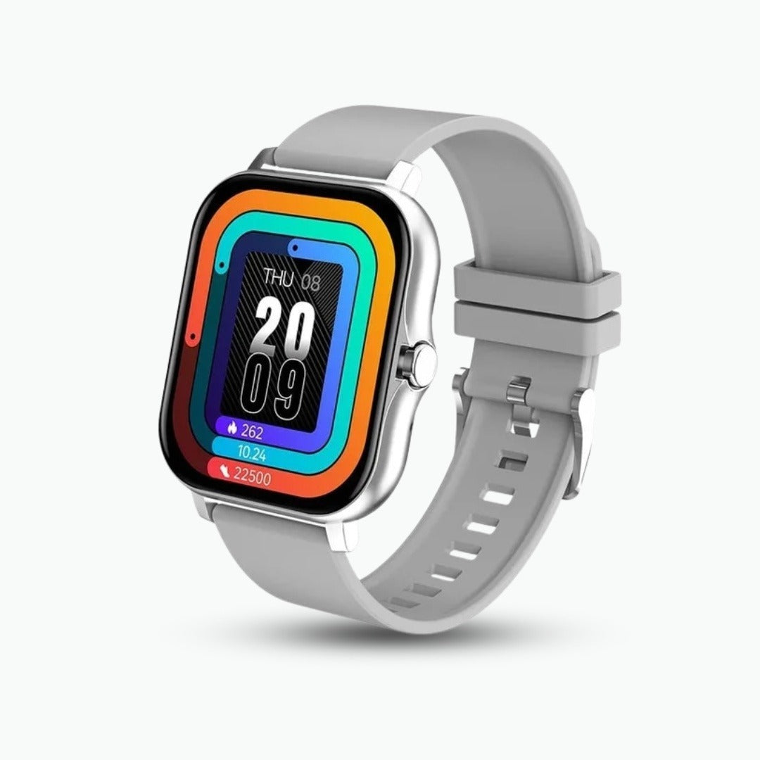 Smartwatch met groot vierkant scherm en grijze band